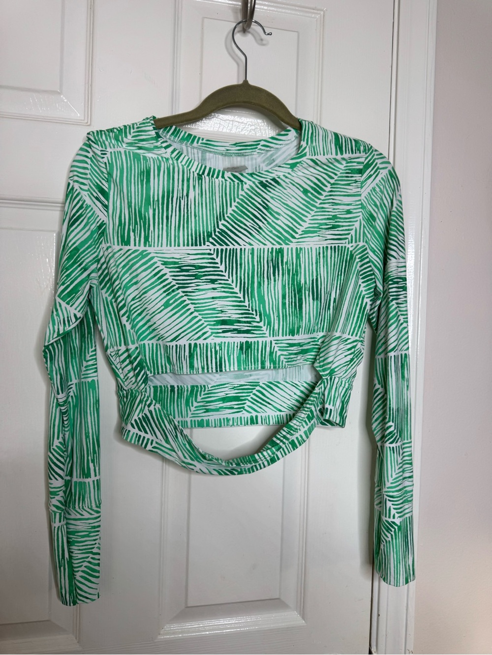 Alia Green and White Twist-Front Long Sleeve Crop Top
